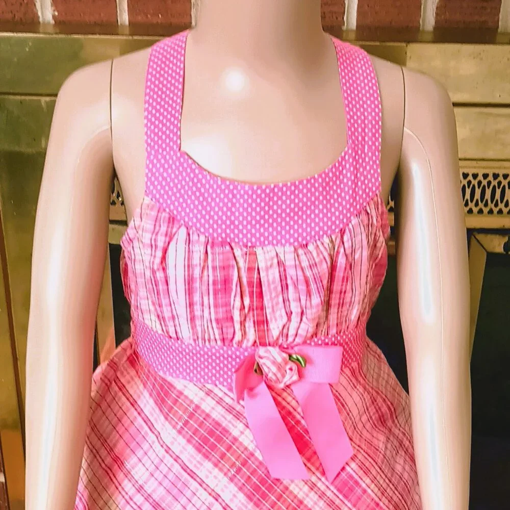 Jenny & Me Pink Plaid Dress 4 A Line Polka Dot Trim Tulle Hem Metallic Weaving